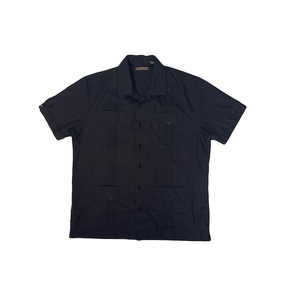 VINTAGE 90s〜 black linen Cuba shirt Vintage 90s Cubavera Men's L Black Guayabera Shirt - Short Sleeve