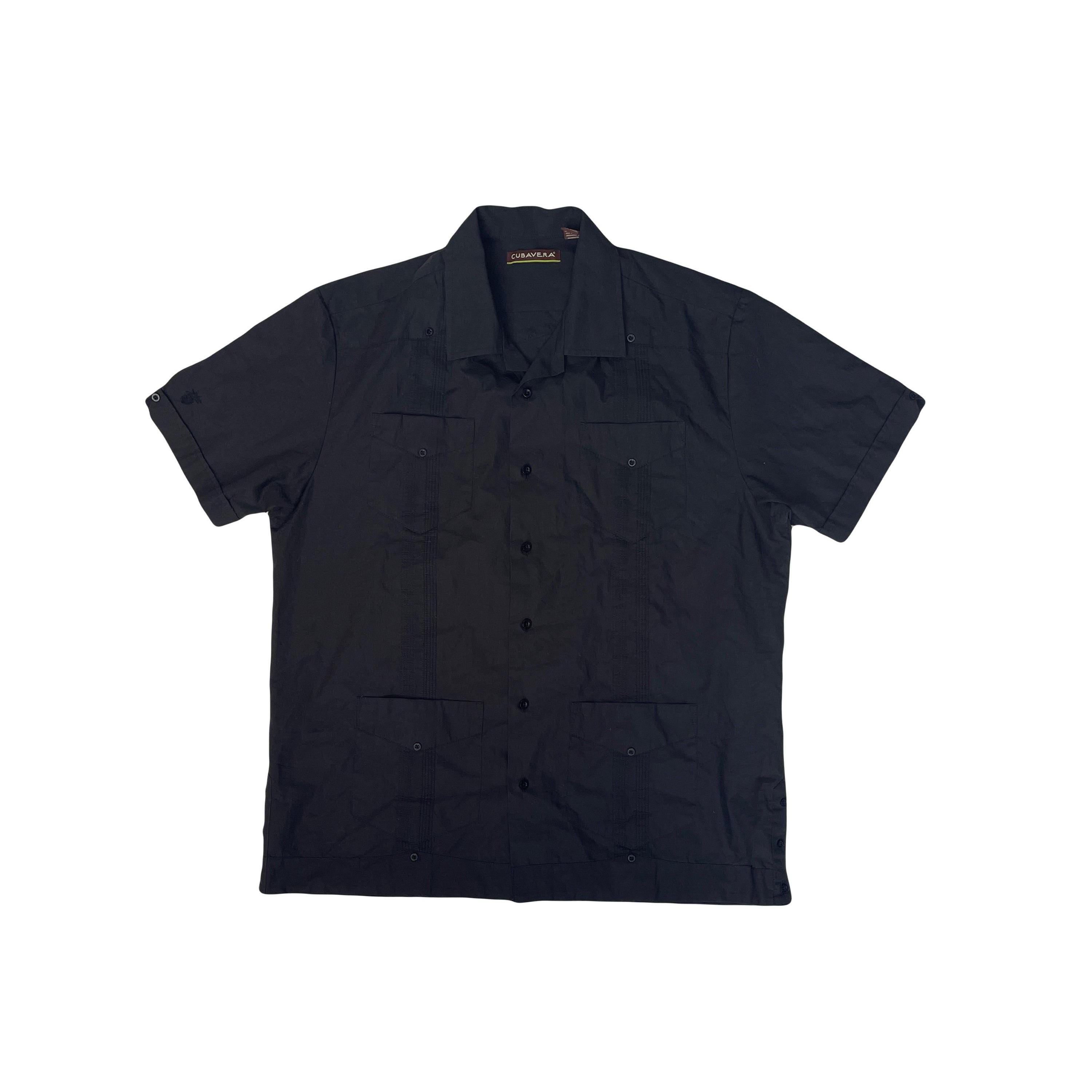 VINTAGE 90s〜 black linen Cuba shirt Vintage 90s Cubavera Men's L Black Guayabera Shirt - Short Sleeve