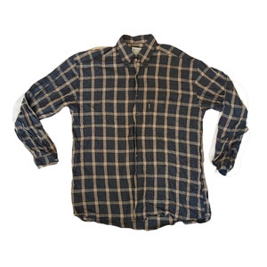 Vintage 90s heavyweight grey beige brown plaid check pattern shirt size medium by Love Casuals