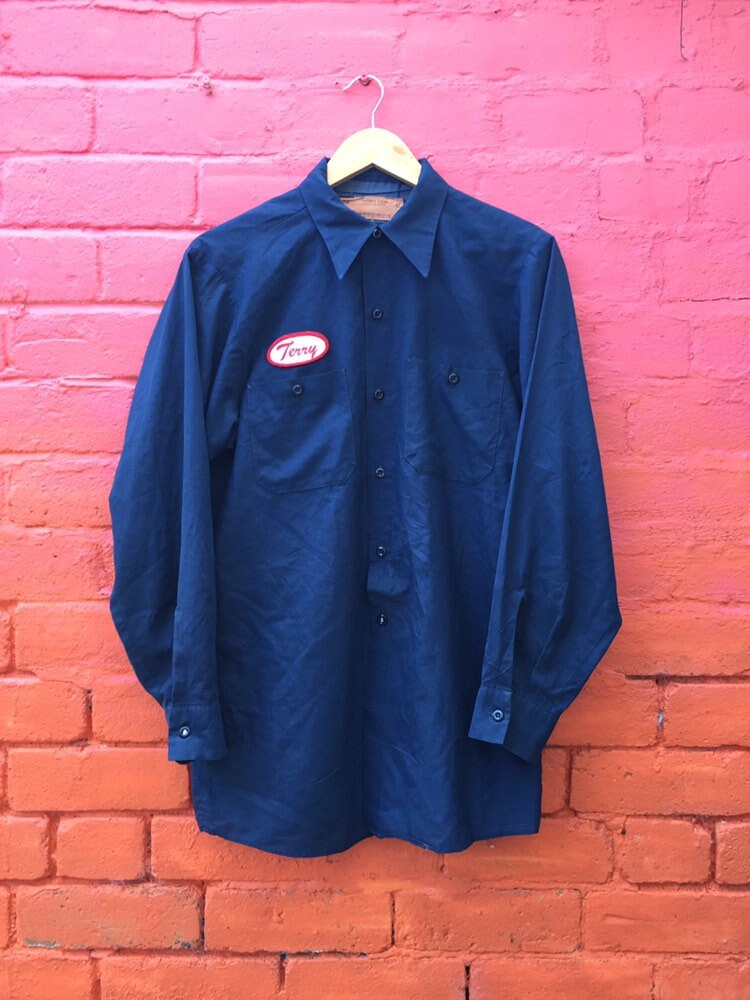 Image of Vintage 80S Red Kap Navy Blue Men’S Usa Workers Shirt Terry Oversized Size Large