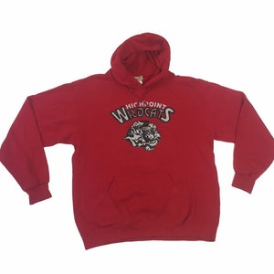 May include: Red hooded sweatshirt with a black and white graphic of a tiger with the text "High Point Wildcats" above it.