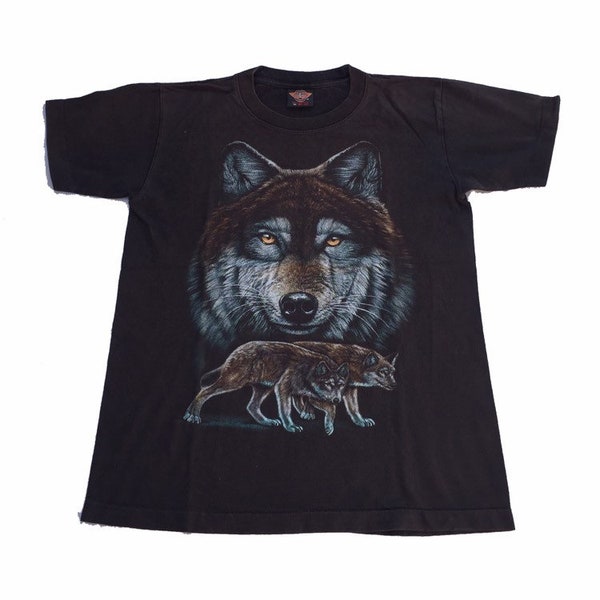 Vintage Wolf animal printed nature scene black t shirt size small