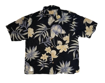 Vintage 90s 100% silk black beige grey floral pattern Hawaiian shirt size XL