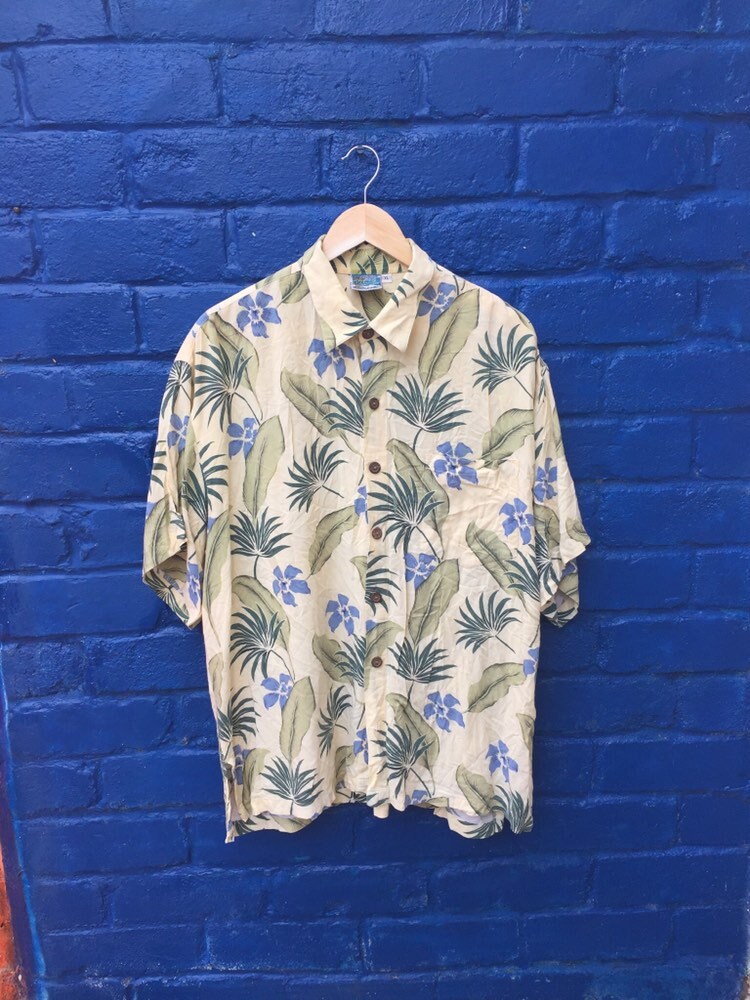 Image of Vintage 80S Rayon Fabric Floral Yellow Green Hawaiian Shirt Size Xl