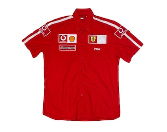 Vintage Fila Ferrari Racing Team Short Sleeve Button Up Shirt Men's L Red