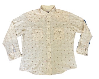 Vintage 80s beige muted pattern western cowboy pearl snap button shirt size large