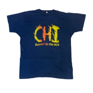 Vintage 90s CHI burning up the 90’s souvenir navy blue single stitch t shirt size XL by screen stars