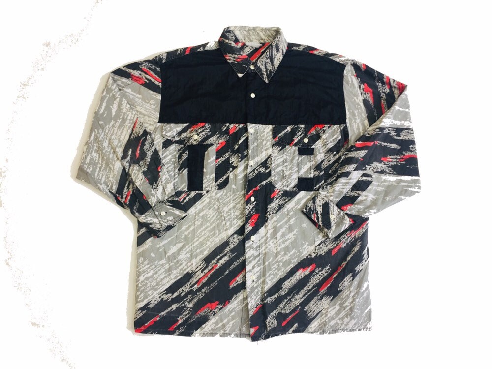 Image of Vintage 80S Trippy Black Cerise Neon Pink Abstract Panel Usa Western Rodeo Cowboy Shirt Oversized Large