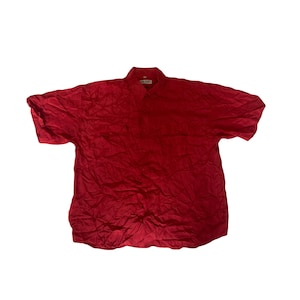 Vintage 90s bright red satin 100% silk oversized unisex twin pockets short sleeve shirt size XL oversized