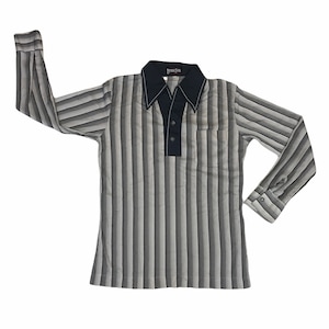 Vintage 70s white black faded stripe pattern pointed collar retro polyester disco shirt size medium slim fit