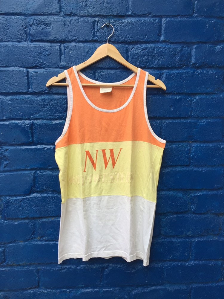 Image of Vintage 80S Tri Tone Gym Top Cream Beige Pastel Orange North Western University Size Large