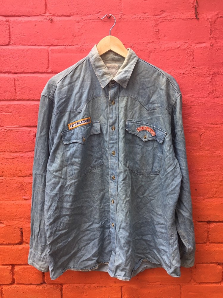 Image of Vintage 70S Distressed Denim Workwear Western Postal Workers Shirt Size Xl