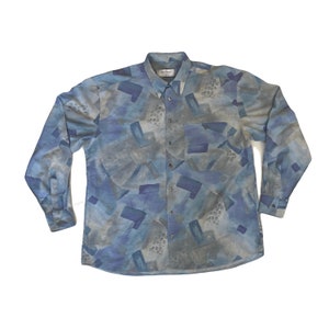 Vintage 90s Pastel yellow blue abstract Watercolour Print long sleeve viscose party eccentric Shirt size Large