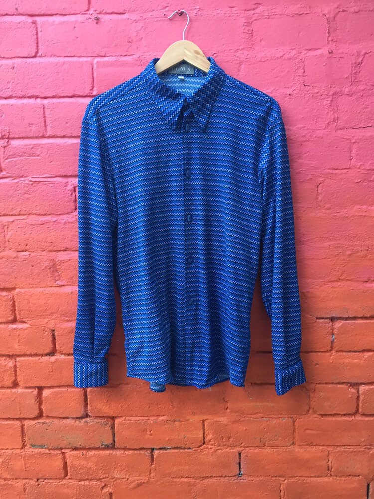 Image of Vintage 70S Polyester Zig Zag Pattern Pointed Collar Retro Disco Shirt Size Xl Slim Fit