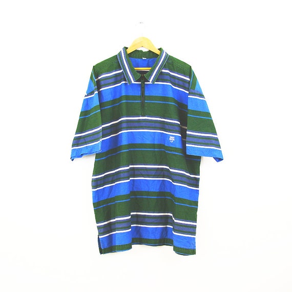 Vintage Y2K Green Blue Striped Quarter Zip Polo Shirt Size
