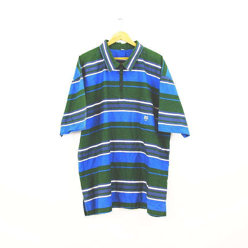 Vintage Y2K Green Blue Striped Quarter Zip Polo Shirt Size