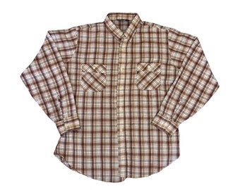 Vintage 80s Levis beige brown green light cotton check plaid shirt size XL