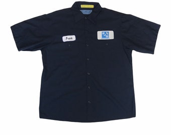 Vintage 90s USA navy blue chore workwear mechanics trucker shirt FRANK name badge by Cintas size Large