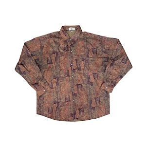 Vintage 90s Thai Silk XXl Abstract Crazy Print Long Sleeve Button Up Shirt