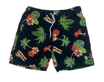 Vintage Y2K Ralph Lauren Polo style hawaïen noir vert rouge floral shell intérieur mesh short de bain taille moyenne