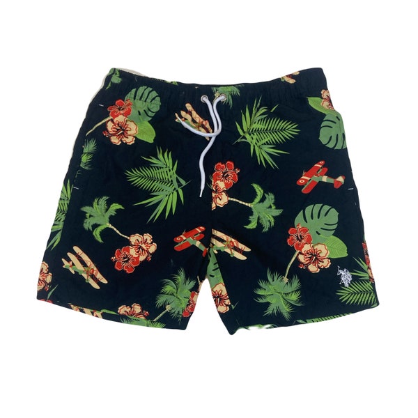 Vintage Y2K Ralph Lauren Polo hawaiian style black green red floral shell inner mesh swim shorts size medium