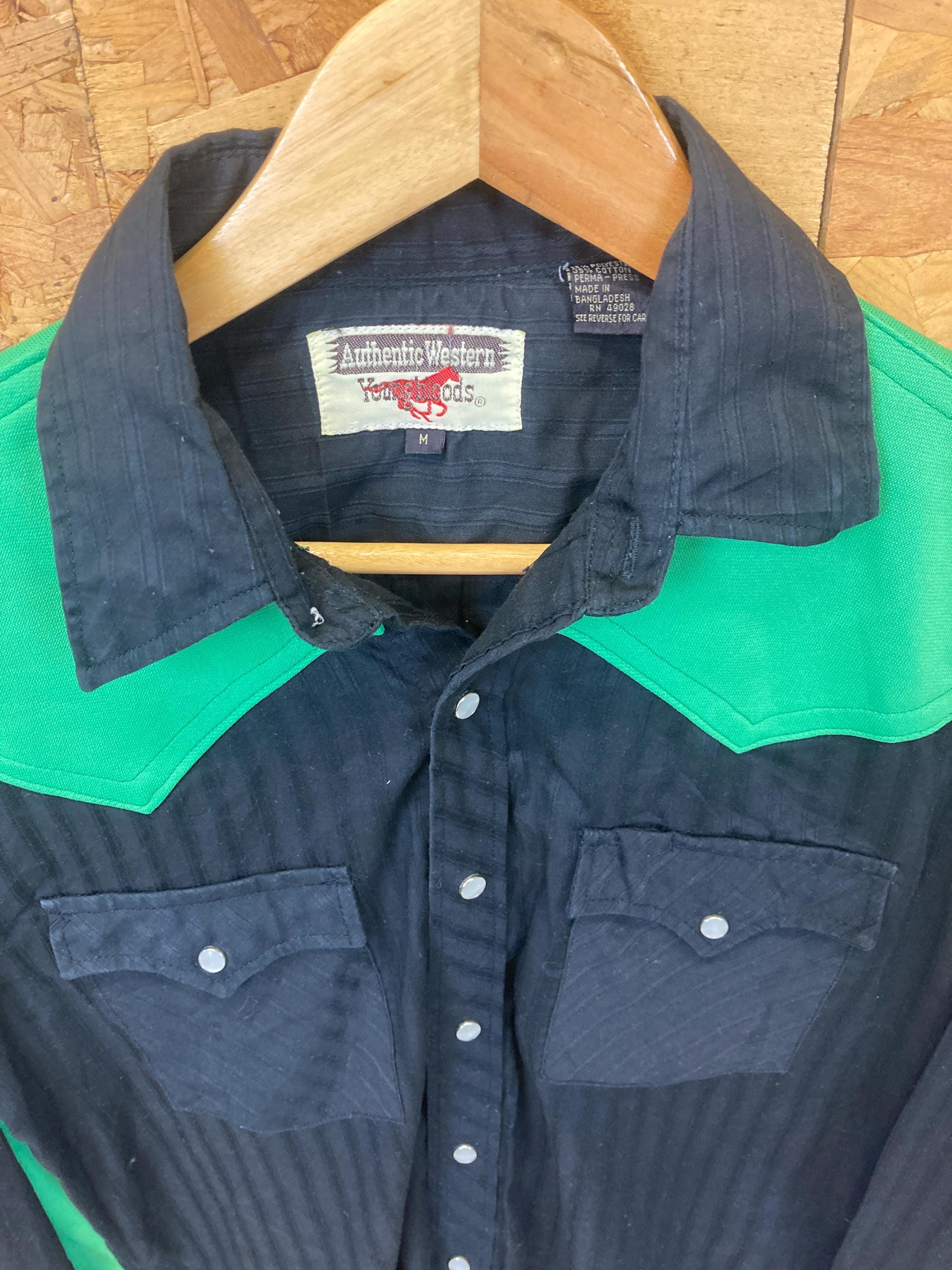 Vintage 80s Black Green Western Cowboy Shirt With Pearl Snap