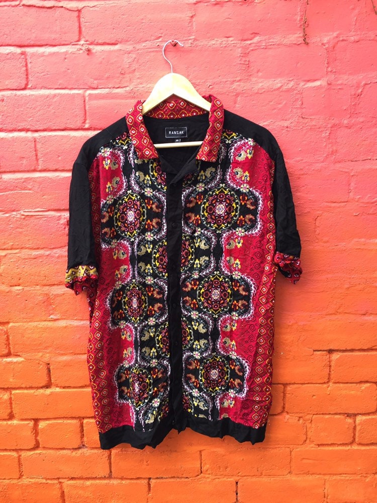 Image of Vintage 80S Black Red Ethnic Pattern Batik Style Hawaiian Party Beach Shirt Size Xl