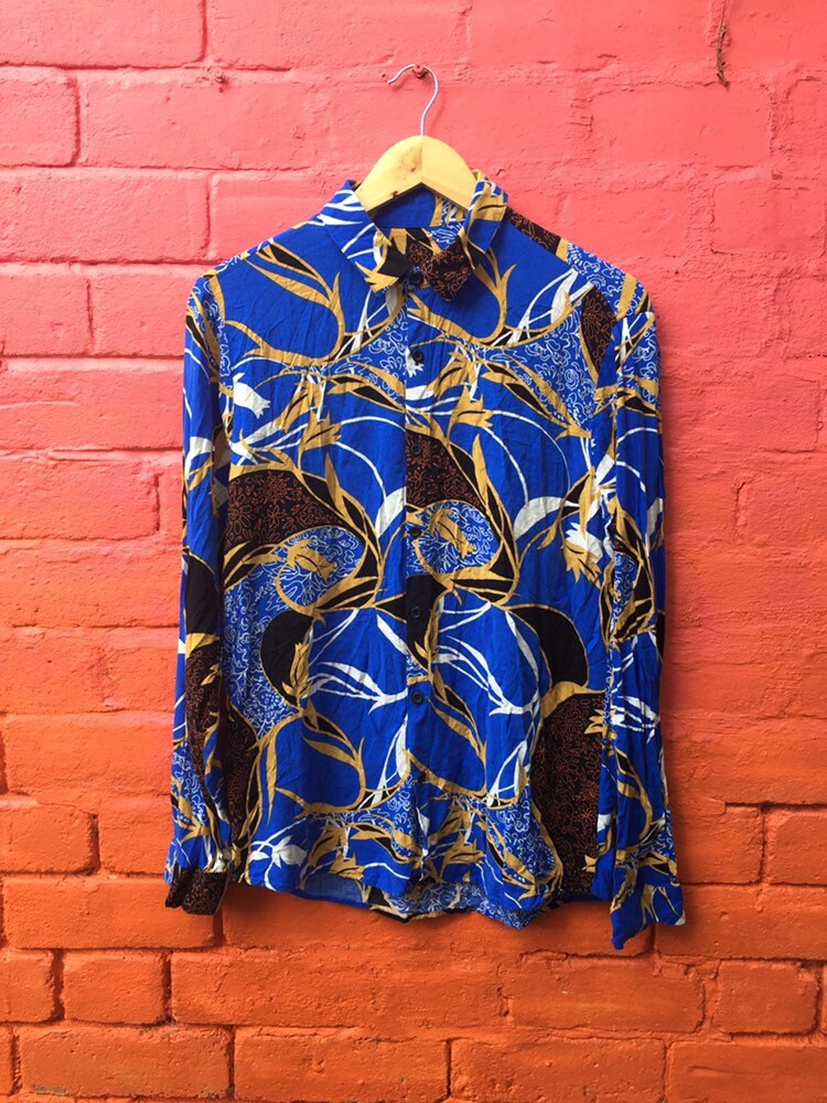 Image of Vintage 80S Bright Blue Oriental Japan Style Floral Pattern Soft Rayon Long Sleeve Shirt Size Medium
