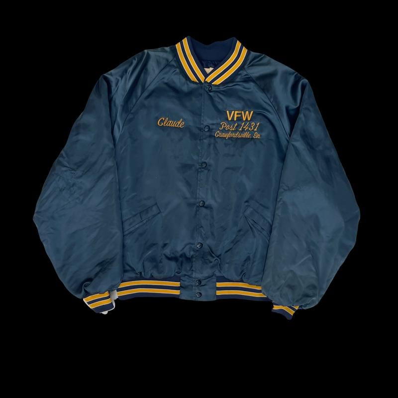 Vintage 80s VFW Post 1431 Satin Baseball Jacket - Dark Blue - Size