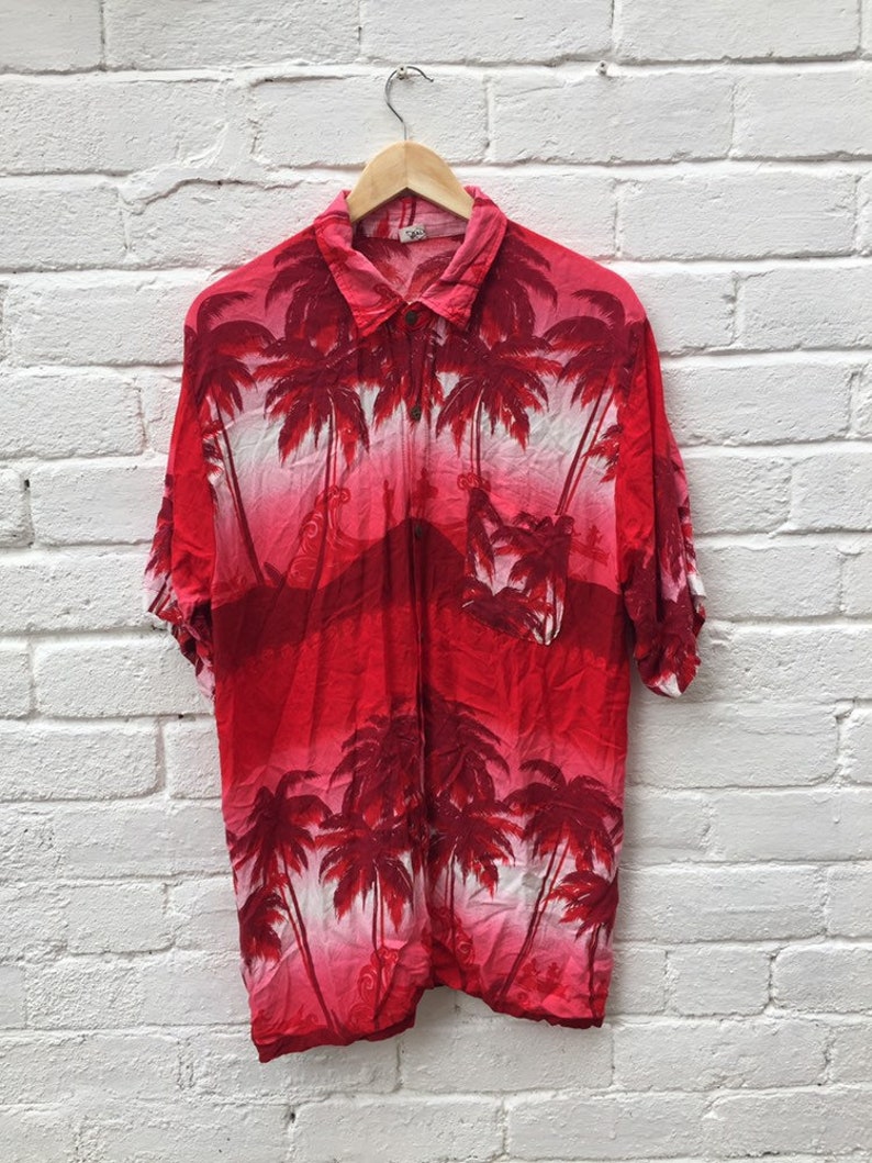 Vintage 90s Bright Red Bali Aloha Hawaiian Palm Tree Party - Etsy