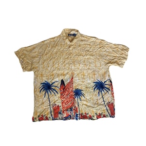 Vintage 90s pastel yellow abstract beach hawaiian rayon oversized shirt size XXL