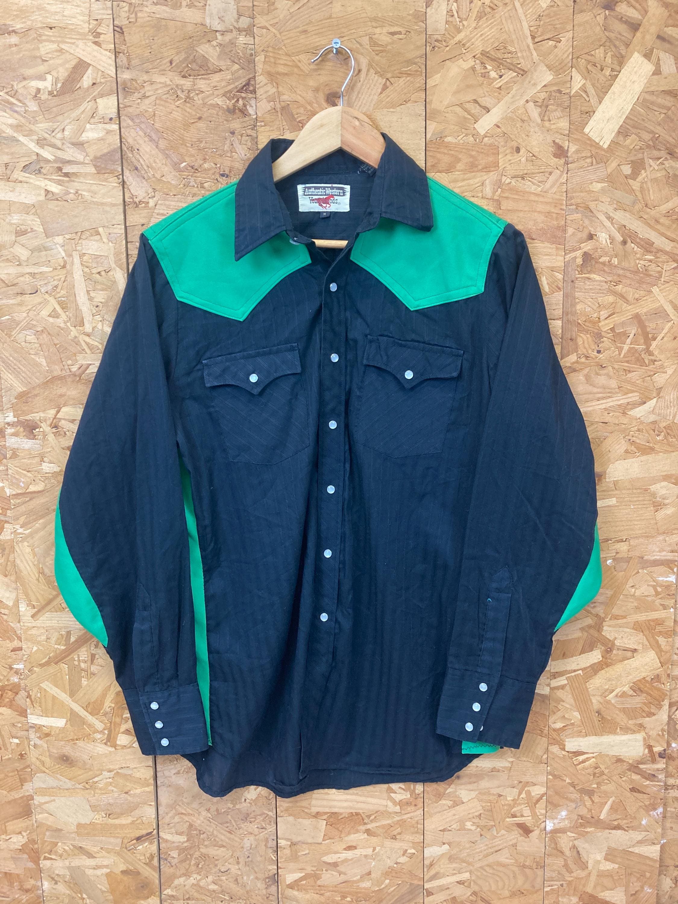 Vintage 80s Black Green Western Cowboy Shirt With Pearl Snap Vintage 80s Black Green Western Cowboy Shirt With Pearl Snap