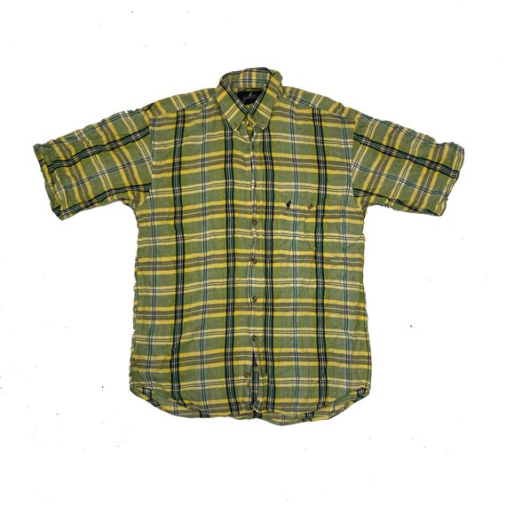 Vintage 90s Green Yellow Flannel Check Short Sleeve Shirt by Gentleman Farmer Size Small Etsy
