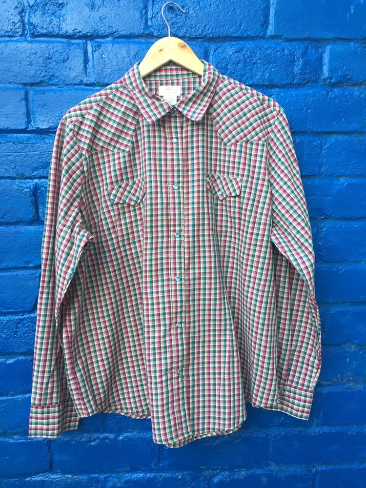 Vintage Wrangler Fine Check Western Cowboy Shirt With Blue Pearl Snap ...