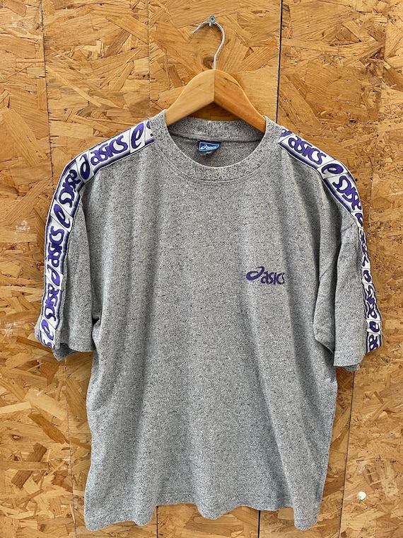Vintage 90s ASICS Grey & Purple Tape Detail Short Sleeve T-shirt