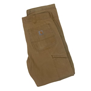 Vintage 90s distressed worn Carhartt double knee beige heavy cotton canvas duck weave workwear carpenter pants trousers W34 L32