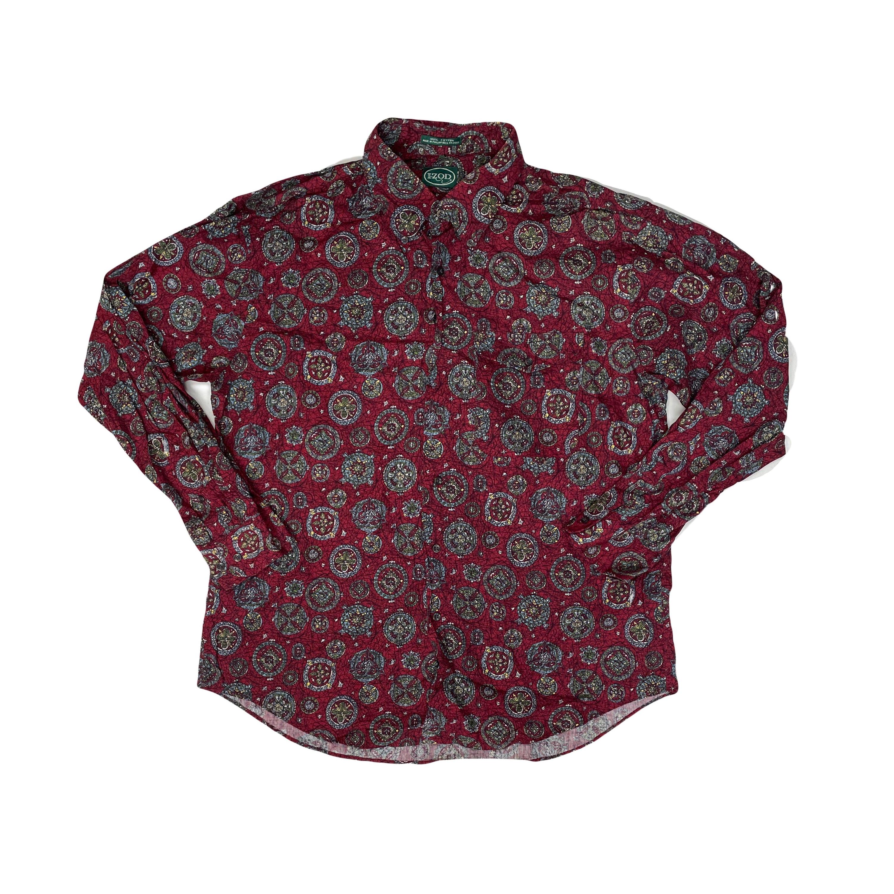 Vintage Izod Red Abstract Paisley Pattern Long Sleeve Crazy Ugly