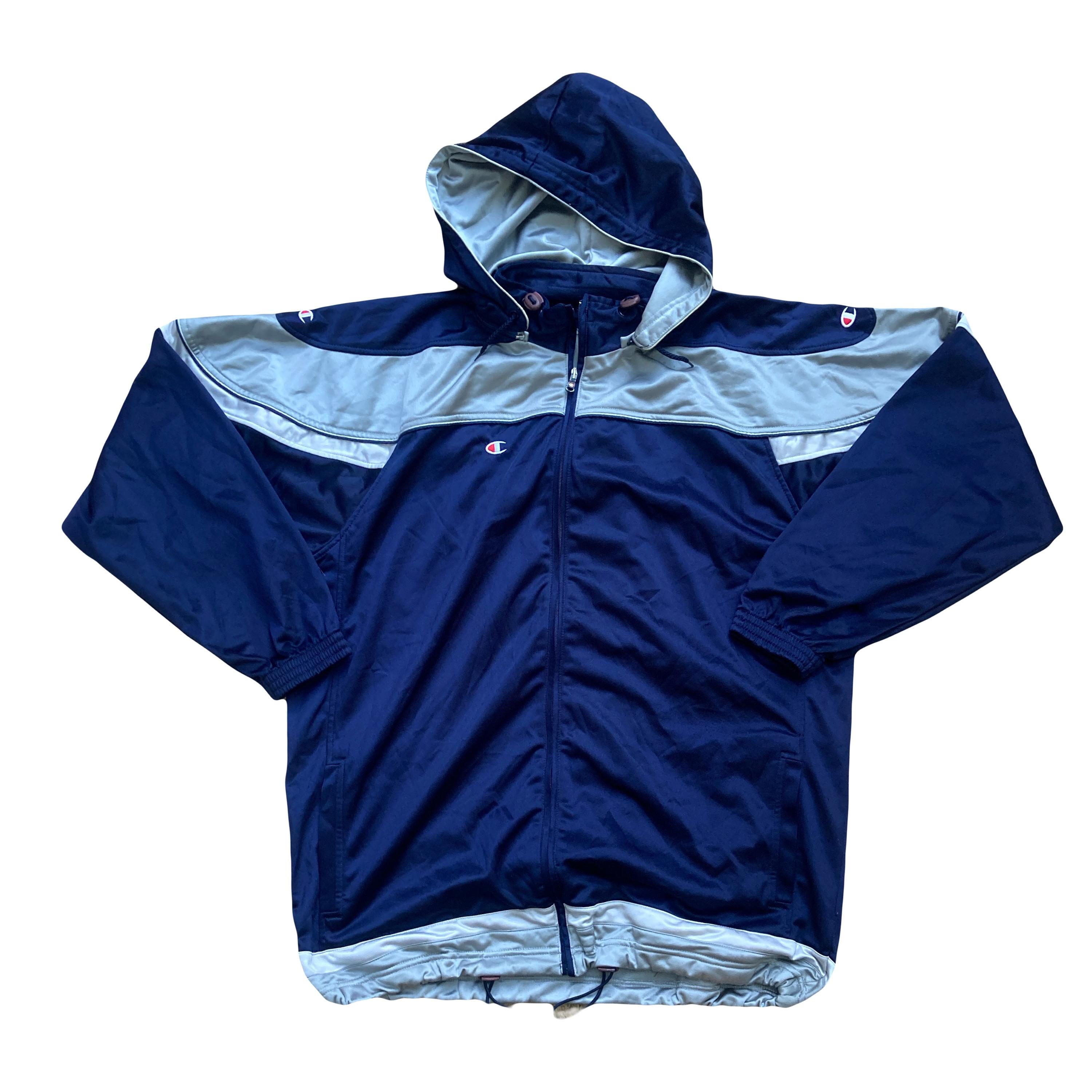 Vintage 90s Champion Navy Blue Silver White Hooded Fullzip Track 
