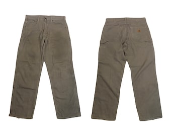 Vintage 90s distressed worn Carhartt light beige grey heavy cotton canvas duck weave workwear carpenter pants trousers W32 L30