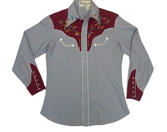 Vintage 70er Jahre Tony Alamo of Nashville grau rot Rodeo Cowboy Westernhemd Größe M