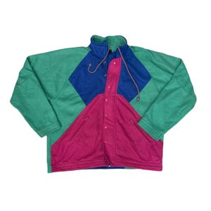 Vintage 80er Jahre Fleece Jacke in Lila Blau Türkis mit Blockstreifen in Grösse M