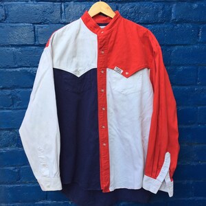 Vintage 80s USA block panel western cowboy shirt red white blue size XL by Western Limits