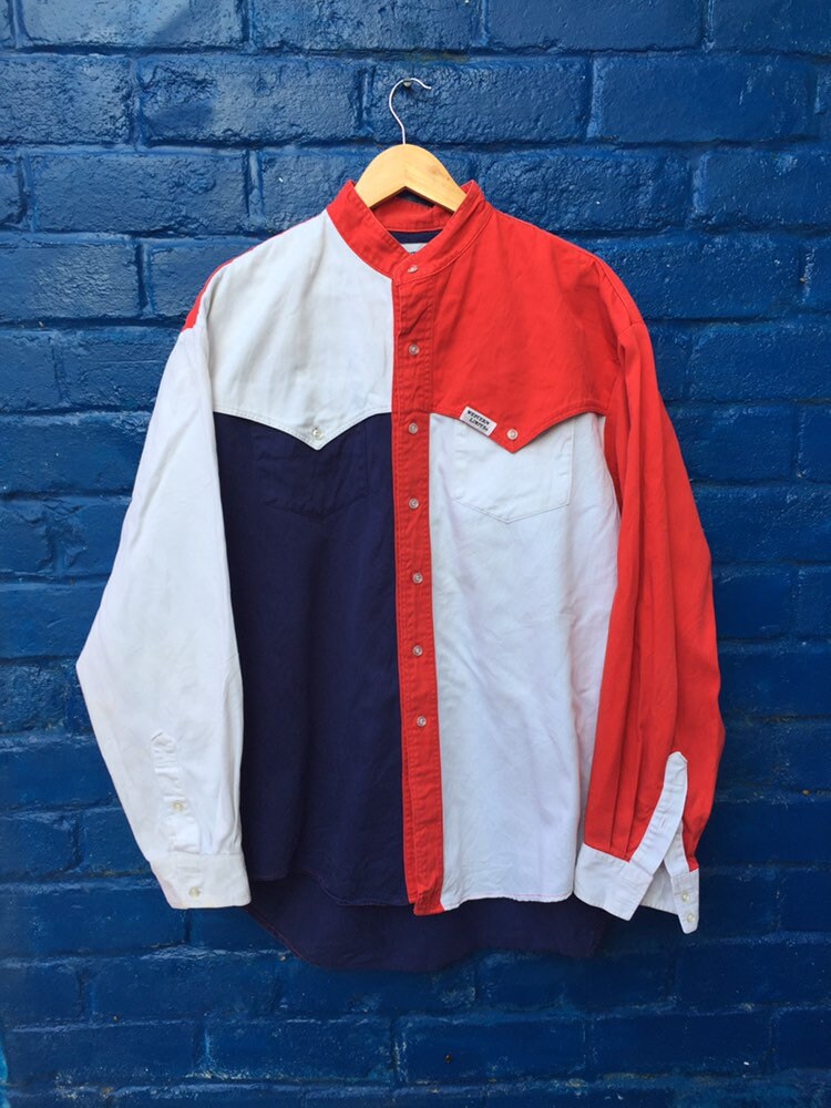 Image of Vintage 80S Usa Block Panel Western Cowboy Shirt Red White Blue Size Xl By Western Limits