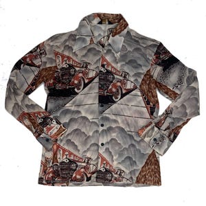 Vintage 70s brown abstract Americana art deco pattern long sleeve polyester shirt size large