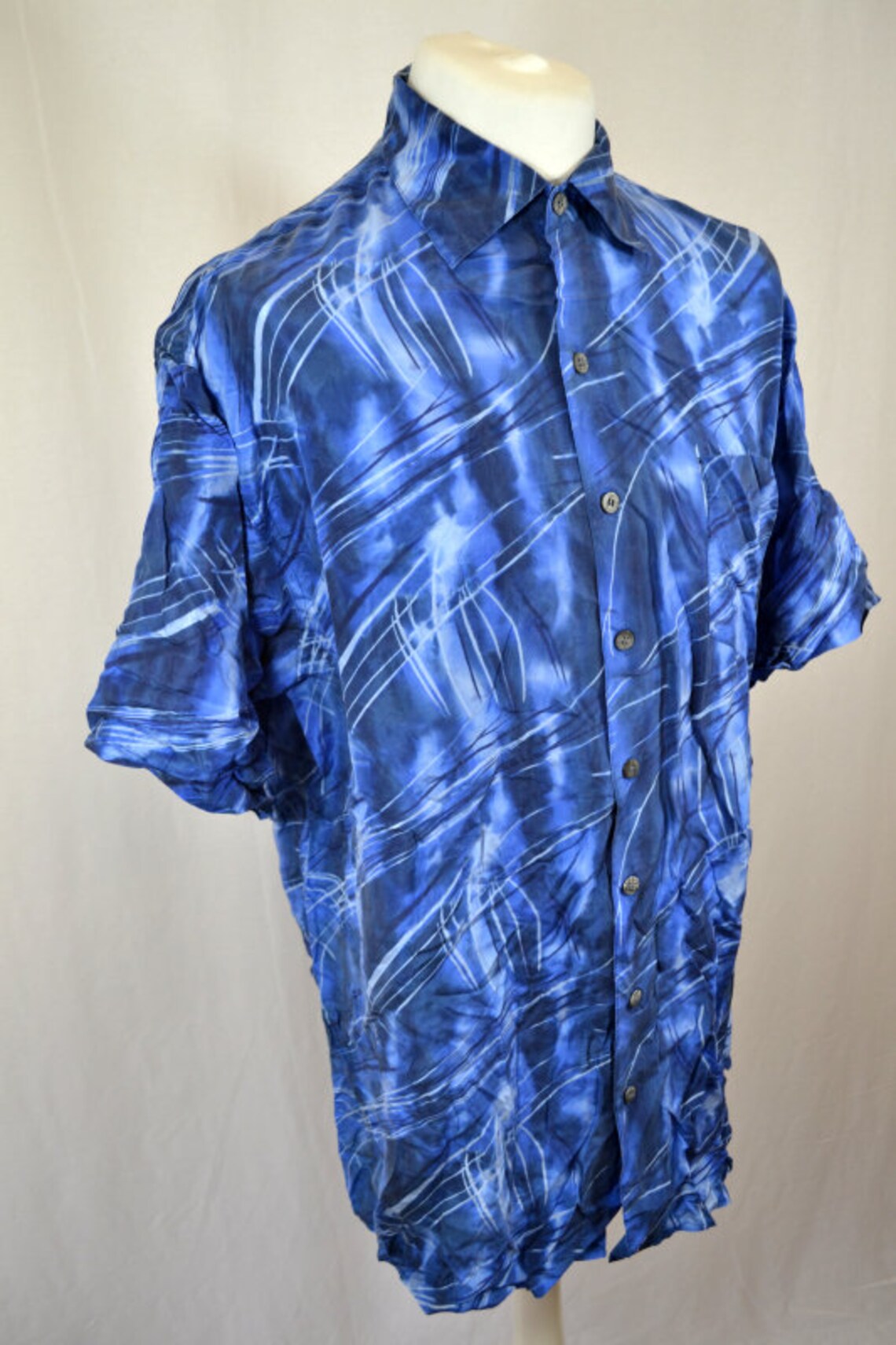 Vintage 90s oversized Blue Abstract Pattern 100% pure silk short sleeve Shirt size XL, Foto 4 von 5