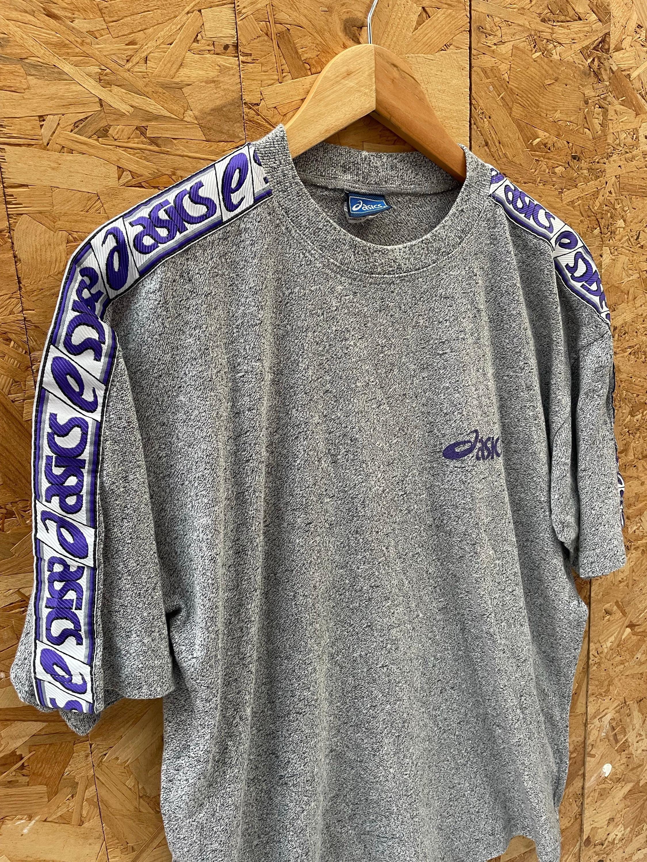 Vintage 90s ASICS Grey & Purple Tape Detail Short Sleeve T-shirt