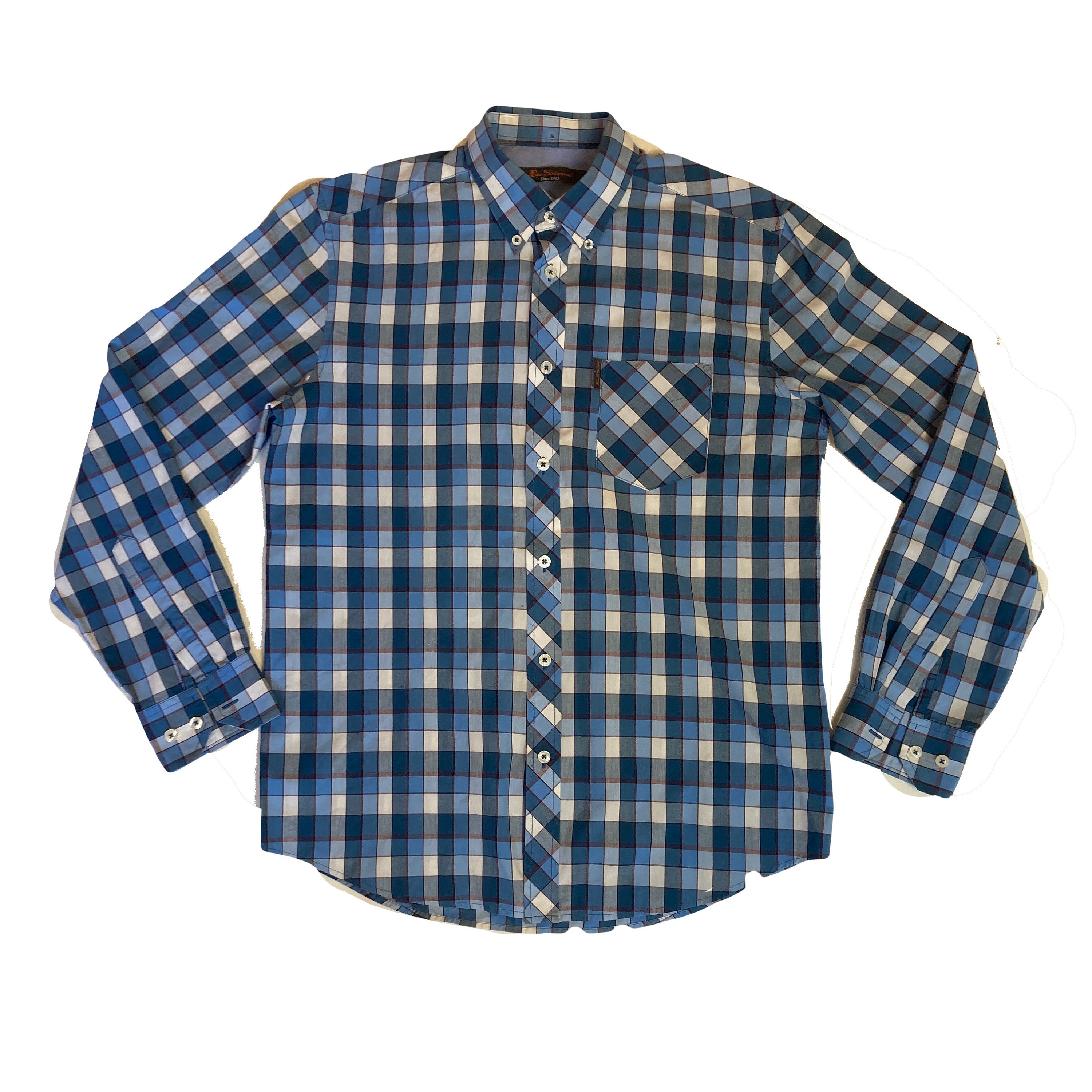Vintage Ben Sherman Light Blue Red Tablecloth Check Long Sleeve