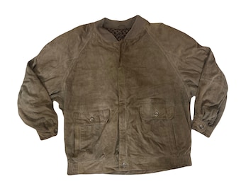 May include: A brown suede bomber jacket with a zipper closure and two flap pockets.