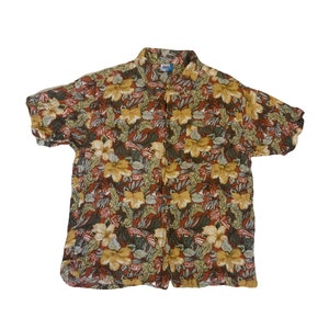 Vintage 80s yellow orange green hibiscus floral palm Hawaiian party beach rayon shirt size XL