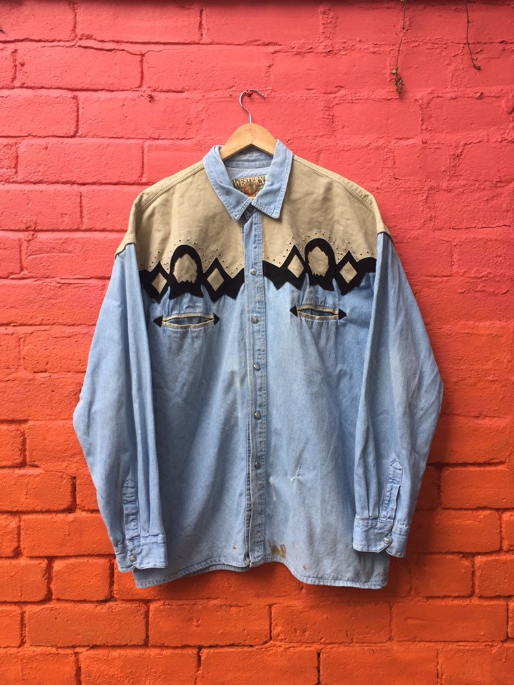 Image of Vintage 80S Distressed Denim Faux Leather Western Line Dancing Cowboy Ranch Shirt Size Xl